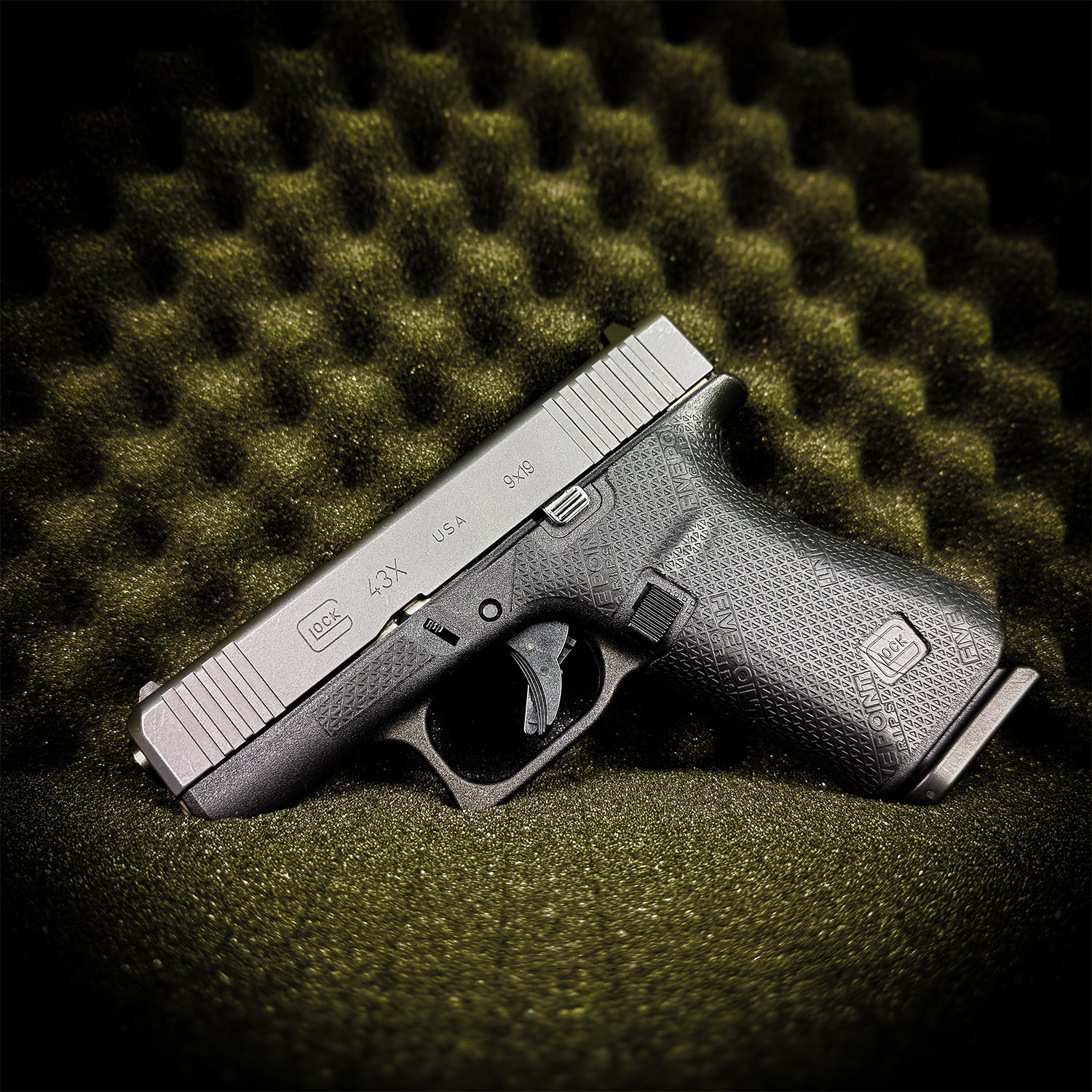 Glock 43X with black Terragrip™ silicone grips installed, Five Point Grips precision-cut kit for the Glock 43X and 48